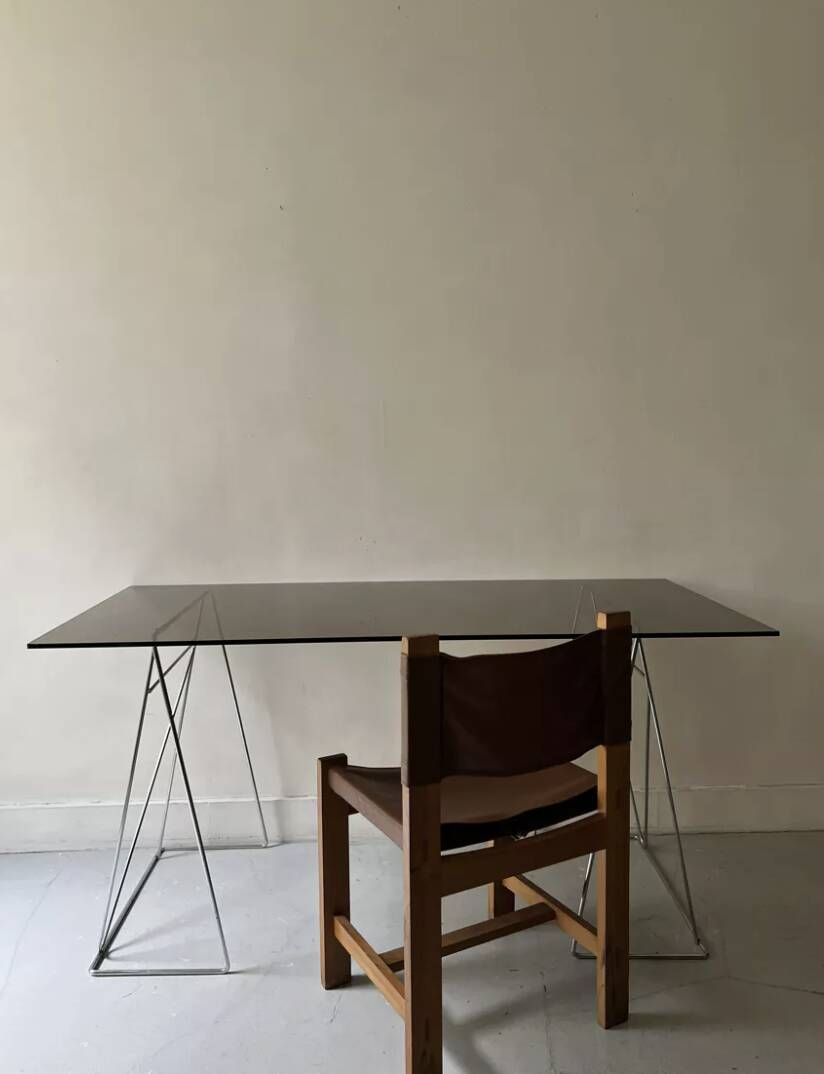 Large smoked glass and chrome metal desk, Sauze design 1970.
