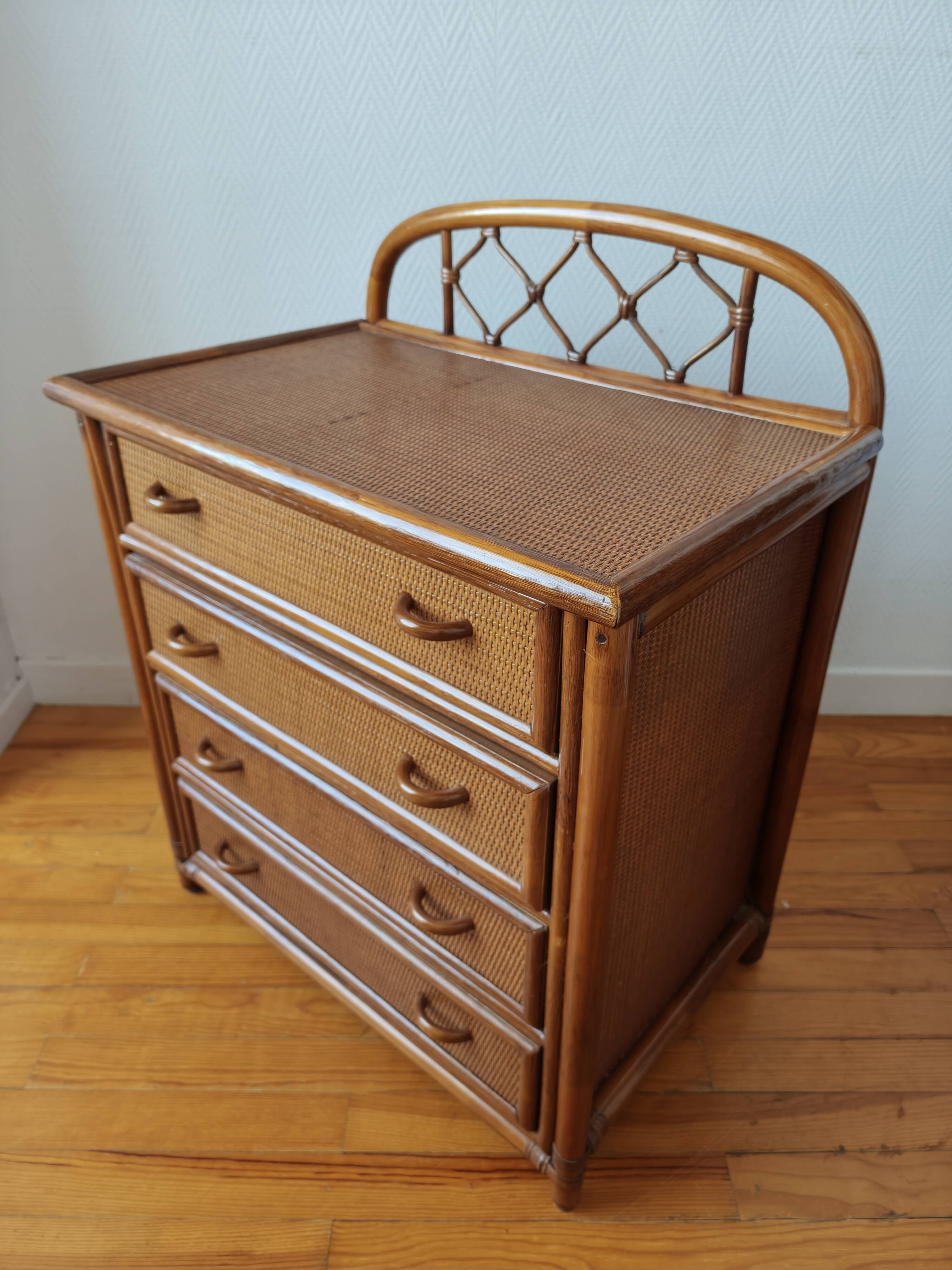 Vintage rattan and cane commode from the 1970s.