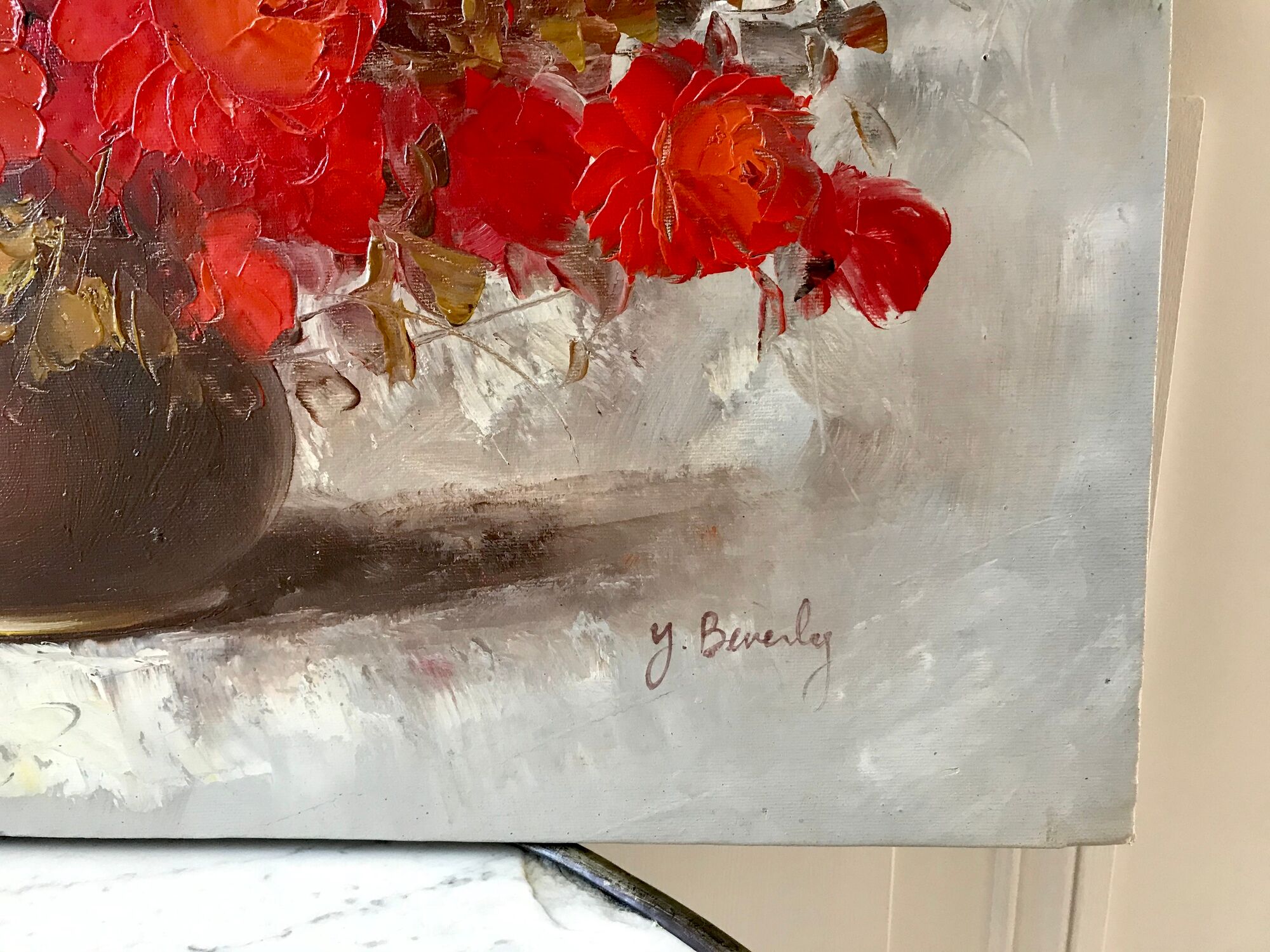 Old oil on canvas painting bouquet of red flowers signed