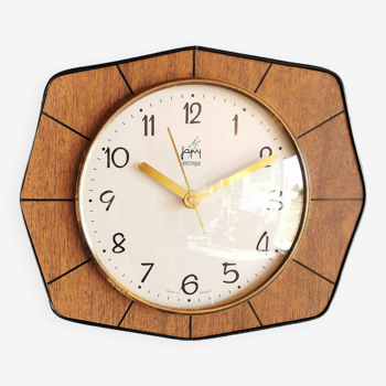 Vintage formica clock silent hexagonal wall pendulum "Japy wood lines"