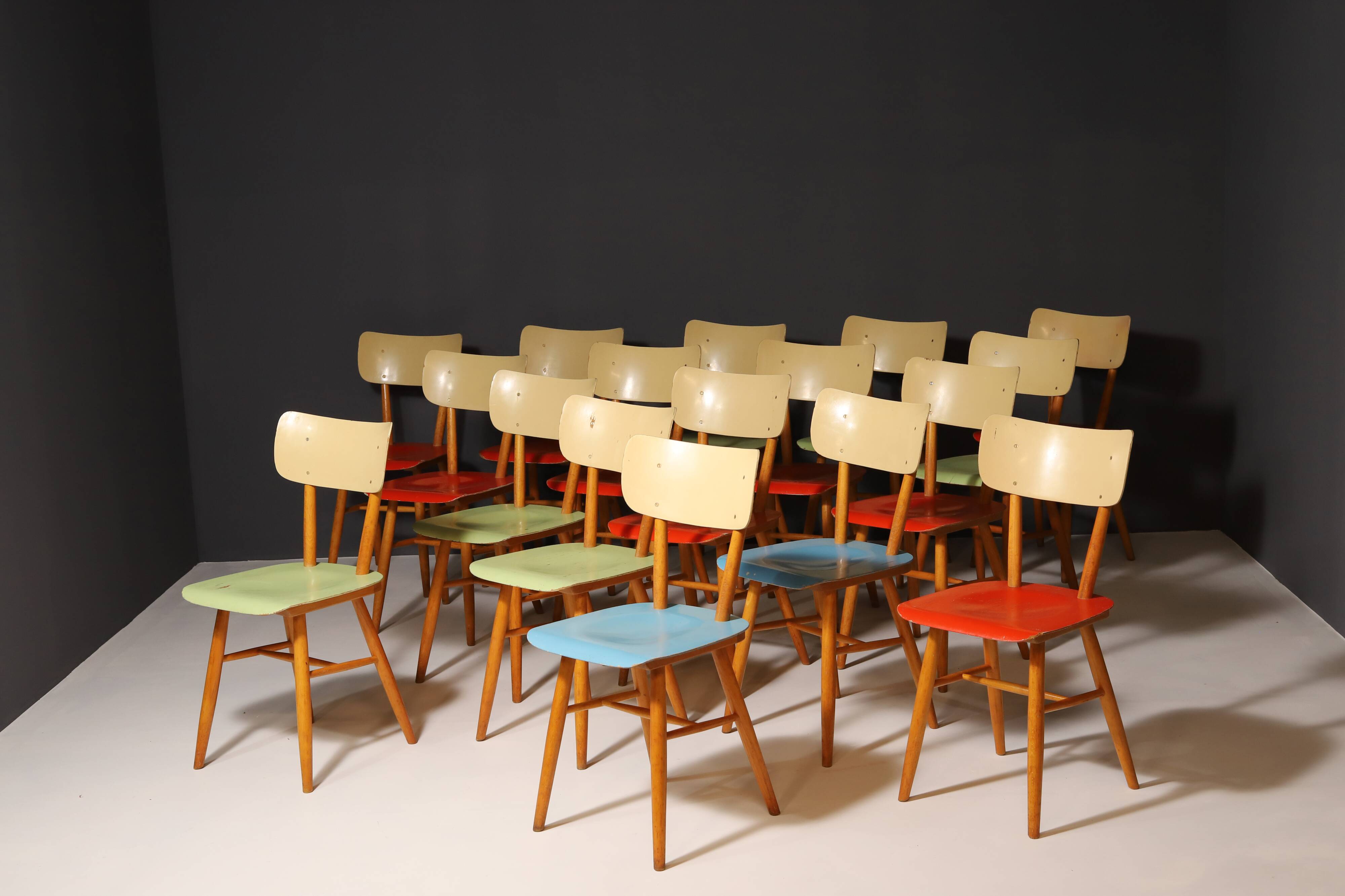 Mid century color dining chairs  1960´s, Czechoslovakia, set of 18