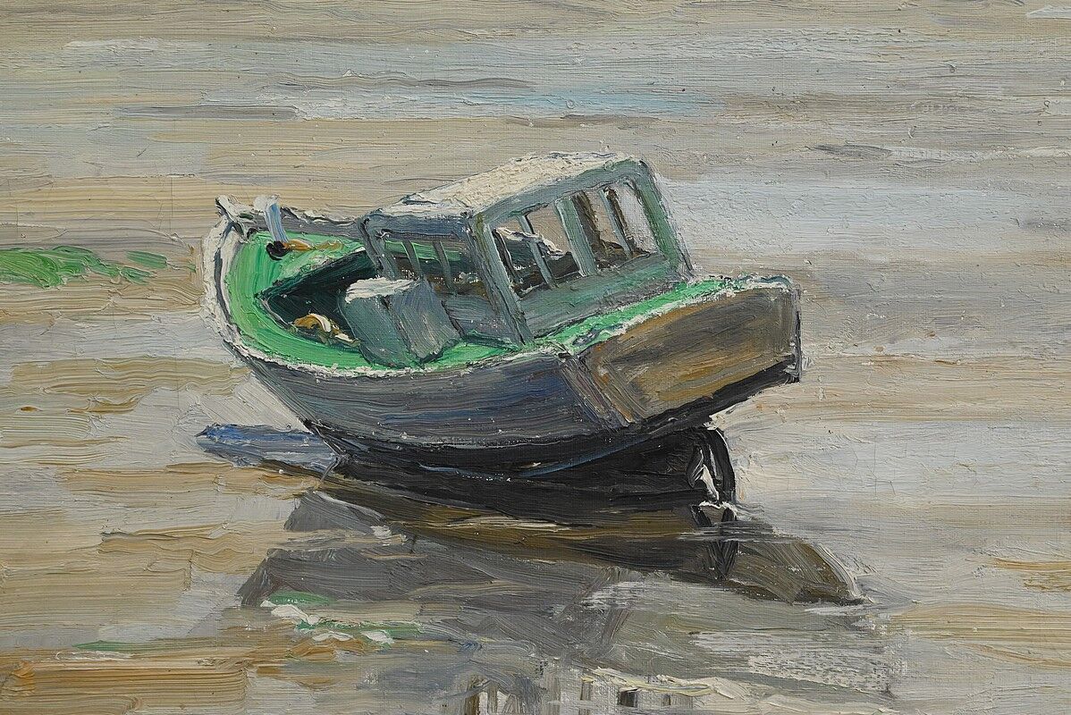 Painting "Boat at Low Tide", signed J-P. Guinegault – 2nd part of the 20th century