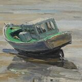 Painting "Boat at Low Tide", signed J-P. Guinegault – 2nd part of the 20th century