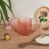 Ensemble saladier et 6 coupelles verre torsadé rosaline Arcoroc vintage