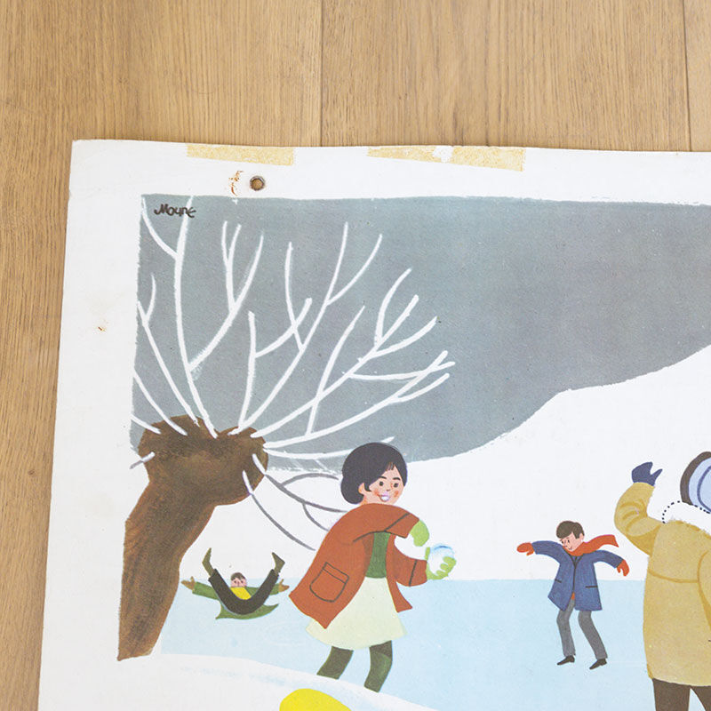 Affiche scolaire Nathan 1966 face 1 Les marrons chauds et face 2 Hiver Bonhomme de neige