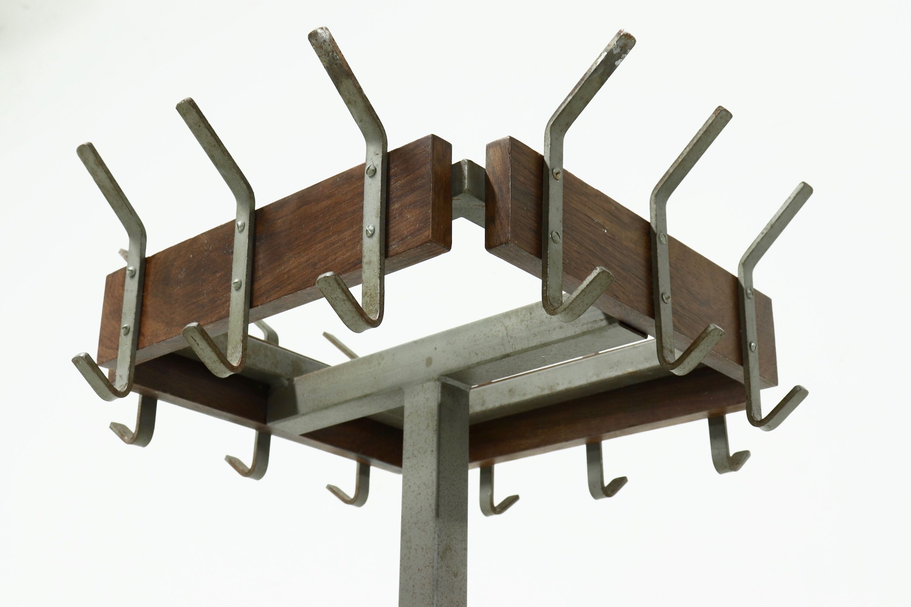 Industrial Belgium Steel and Teak Free Standing Coat Rack 1950s