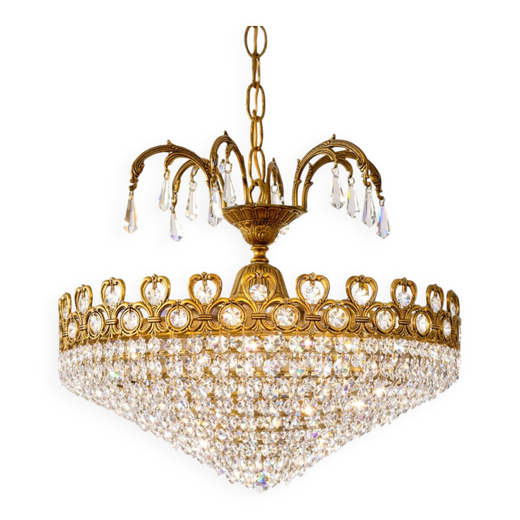 Brass and cut crystal basket chandelier, Empire style.