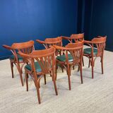 Set of 6 bistro armchairs in Plamette and green skai from the 80s France