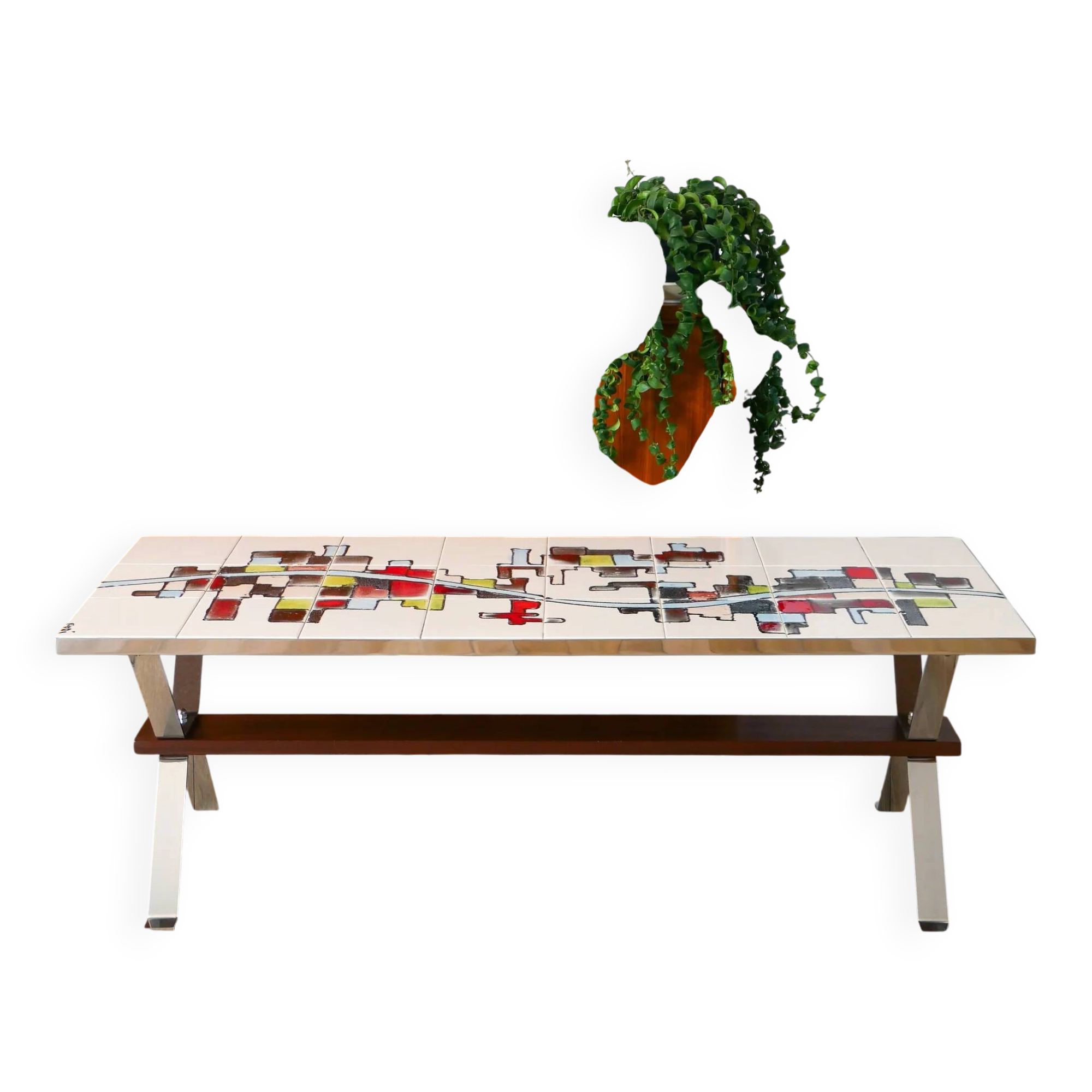 Ceramic coffee table, chrome and teak legs, Space Age, signed, 1970.