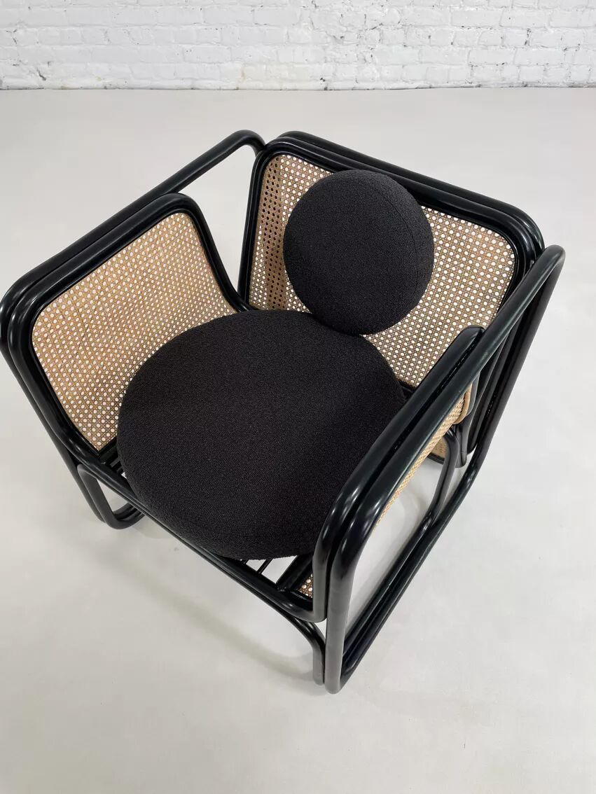Cubic armchair in black rattan and canework