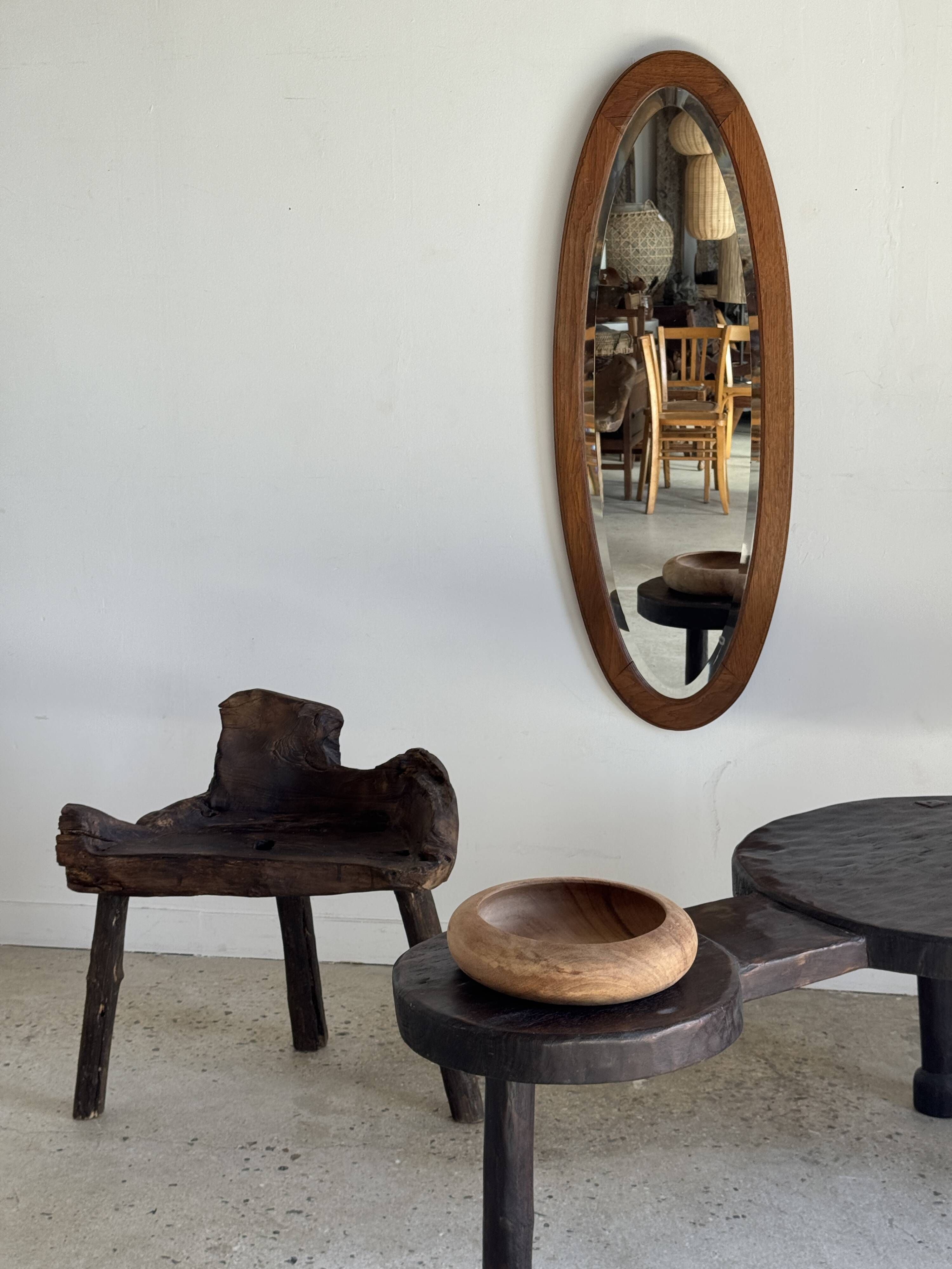 Vintage oval mirror in oak with bevelled glass H120 W43 D2