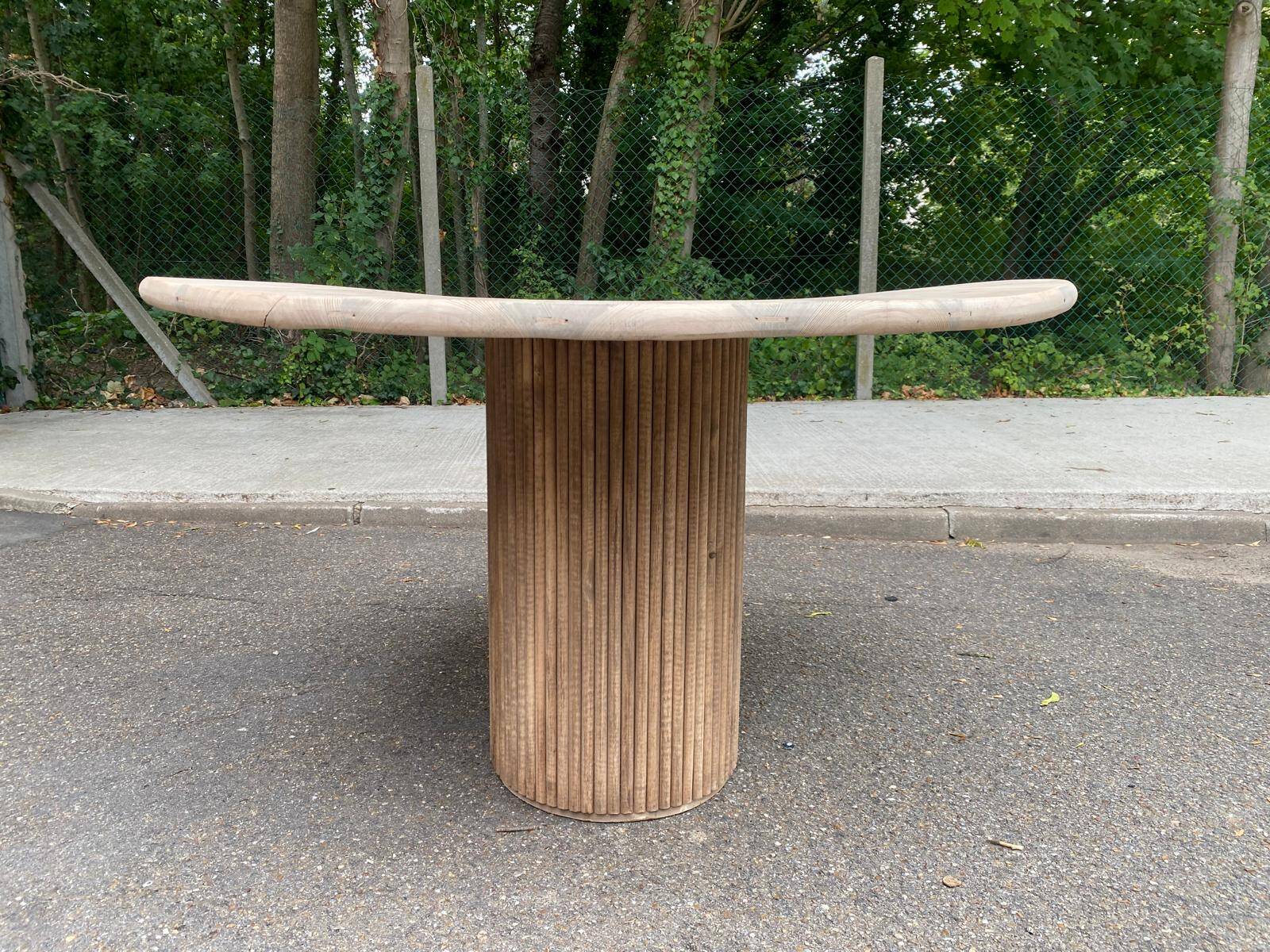 Scandinavian round dining table with a central base, stripped, made of solid raw wood, 90.