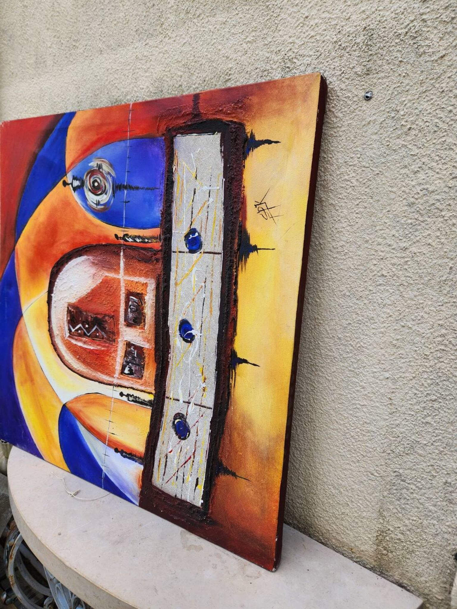 Large contemporary abstract painting signed Beyond Knowledge... the Universe