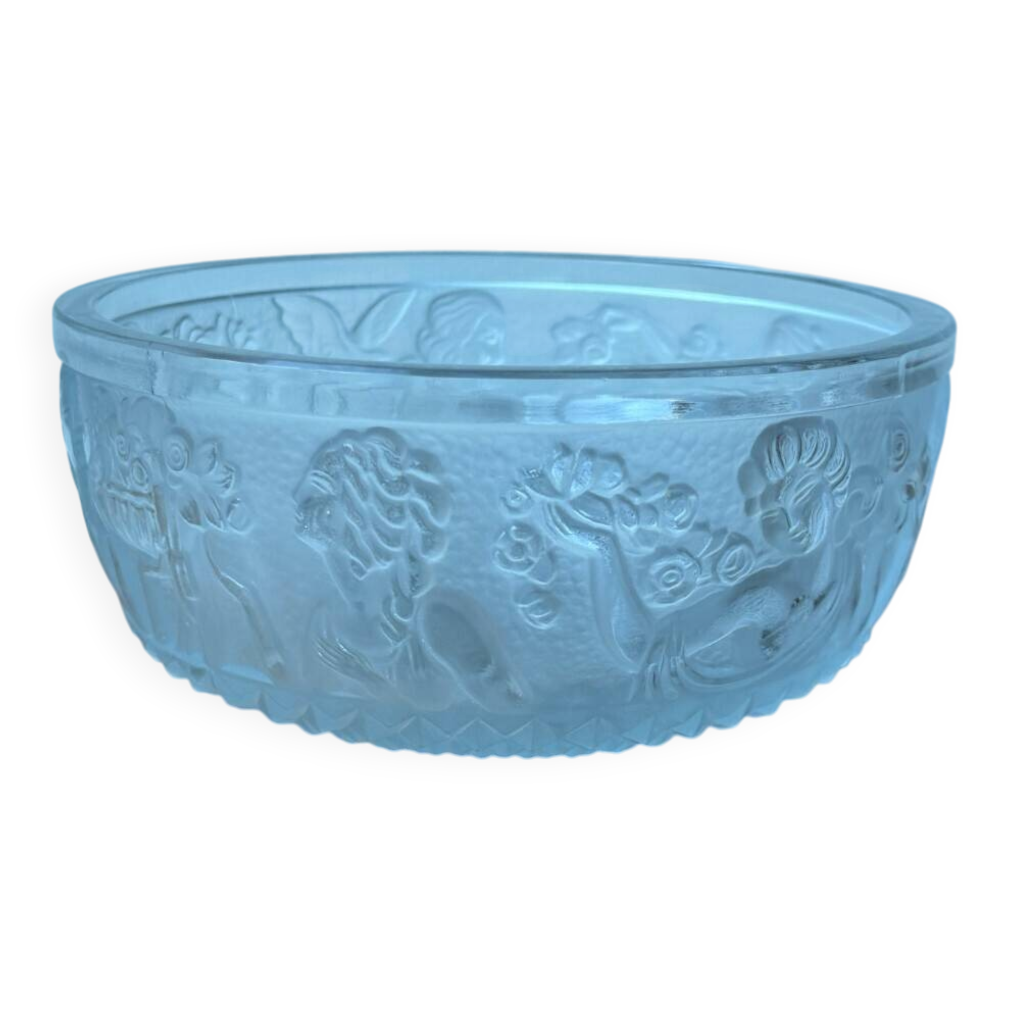 Art Deco bowl, 1930, in pressed molded glass, decorated with a woman and fruit