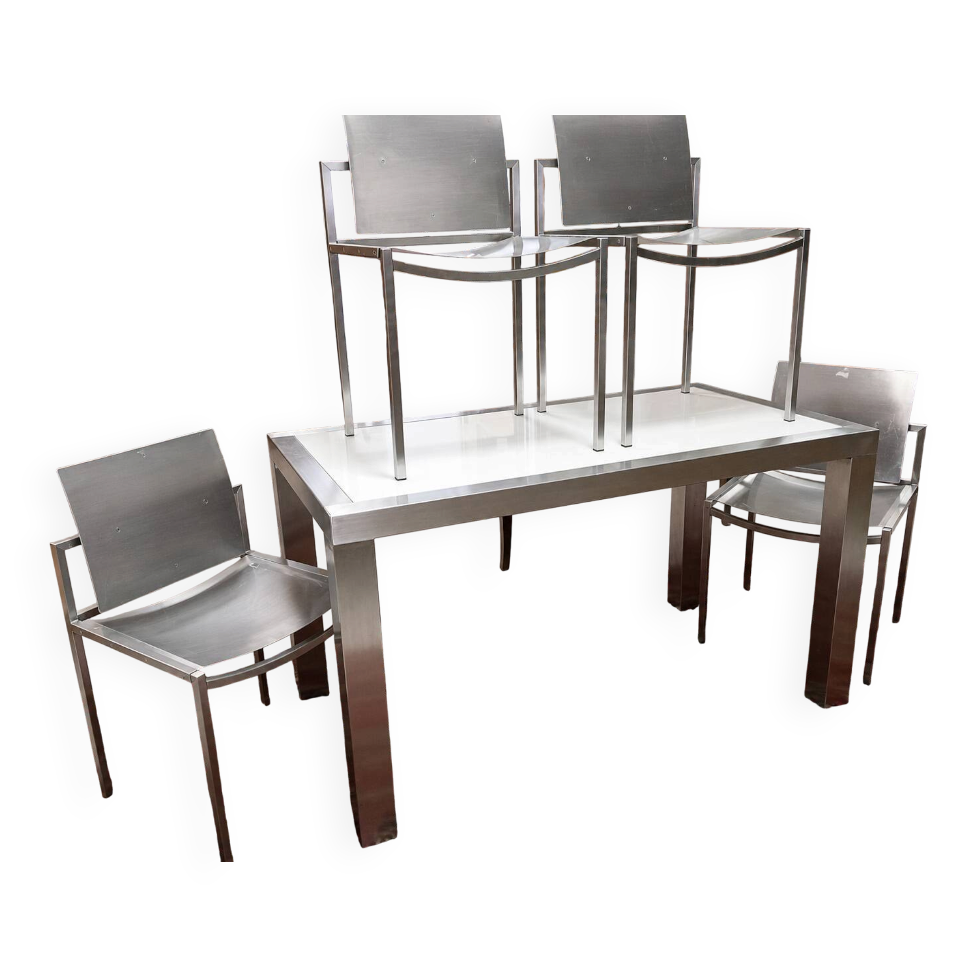 Design dining room set in brushed steel – Table and four chairs