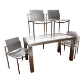 Design dining room set in brushed steel – Table and four chairs