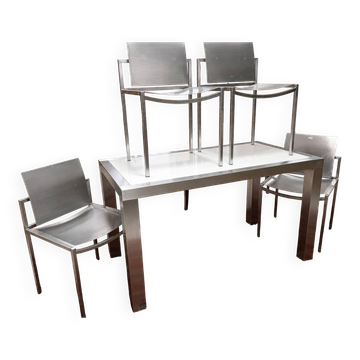 Design dining room set in brushed steel – Table and four chairs