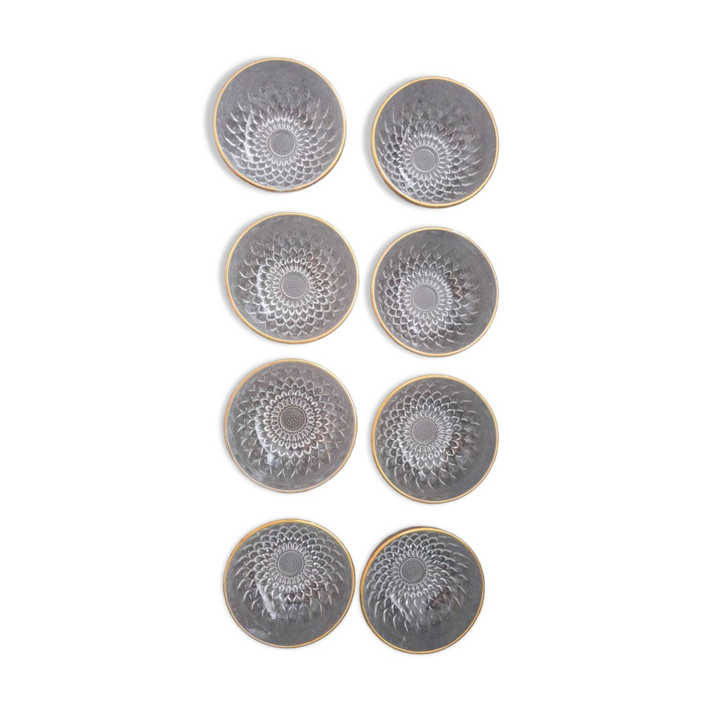 8 glass bowls with gold rim