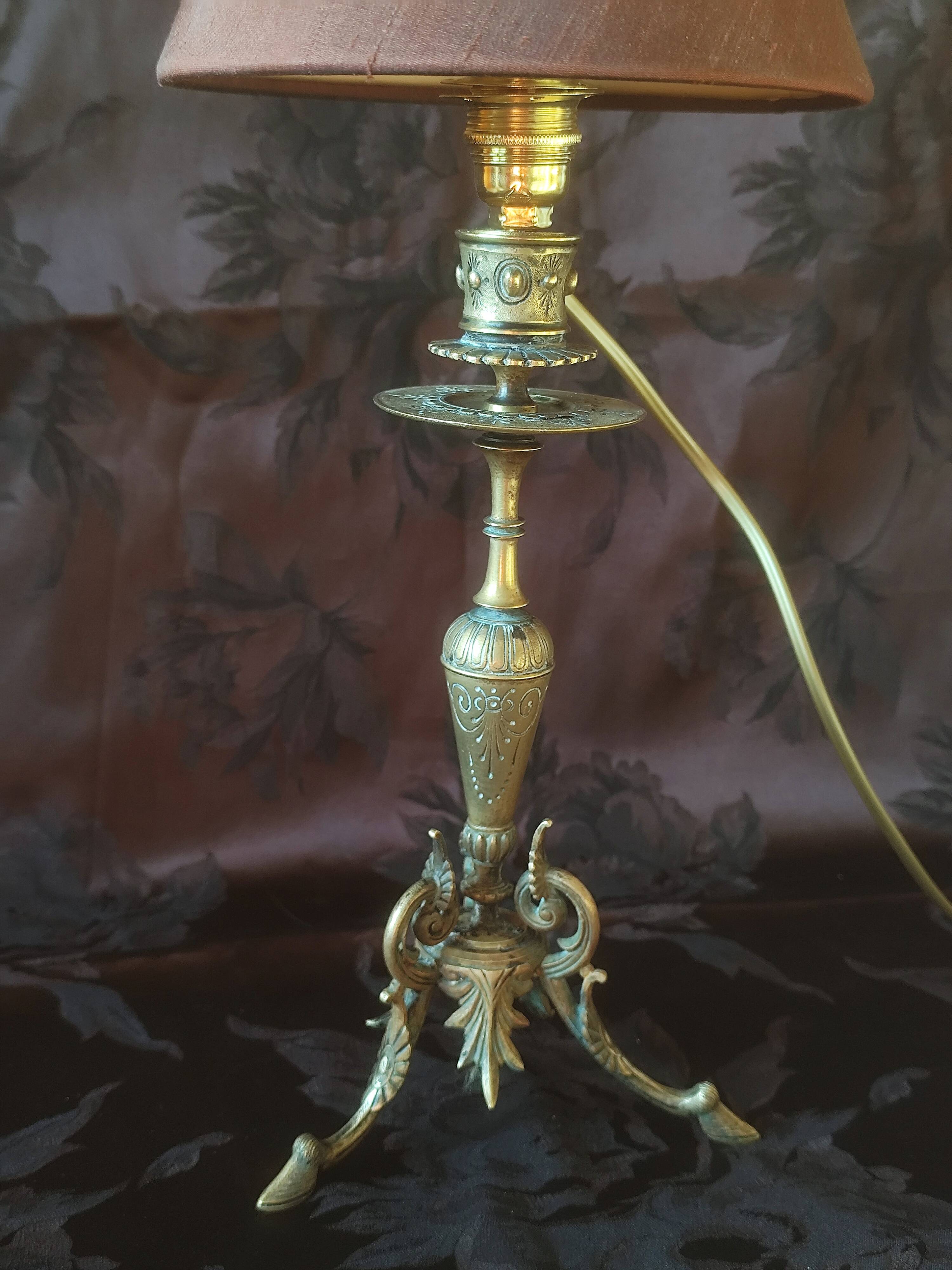 Electrified candlestick lamp, bronze tripod table lamp with goat's feet