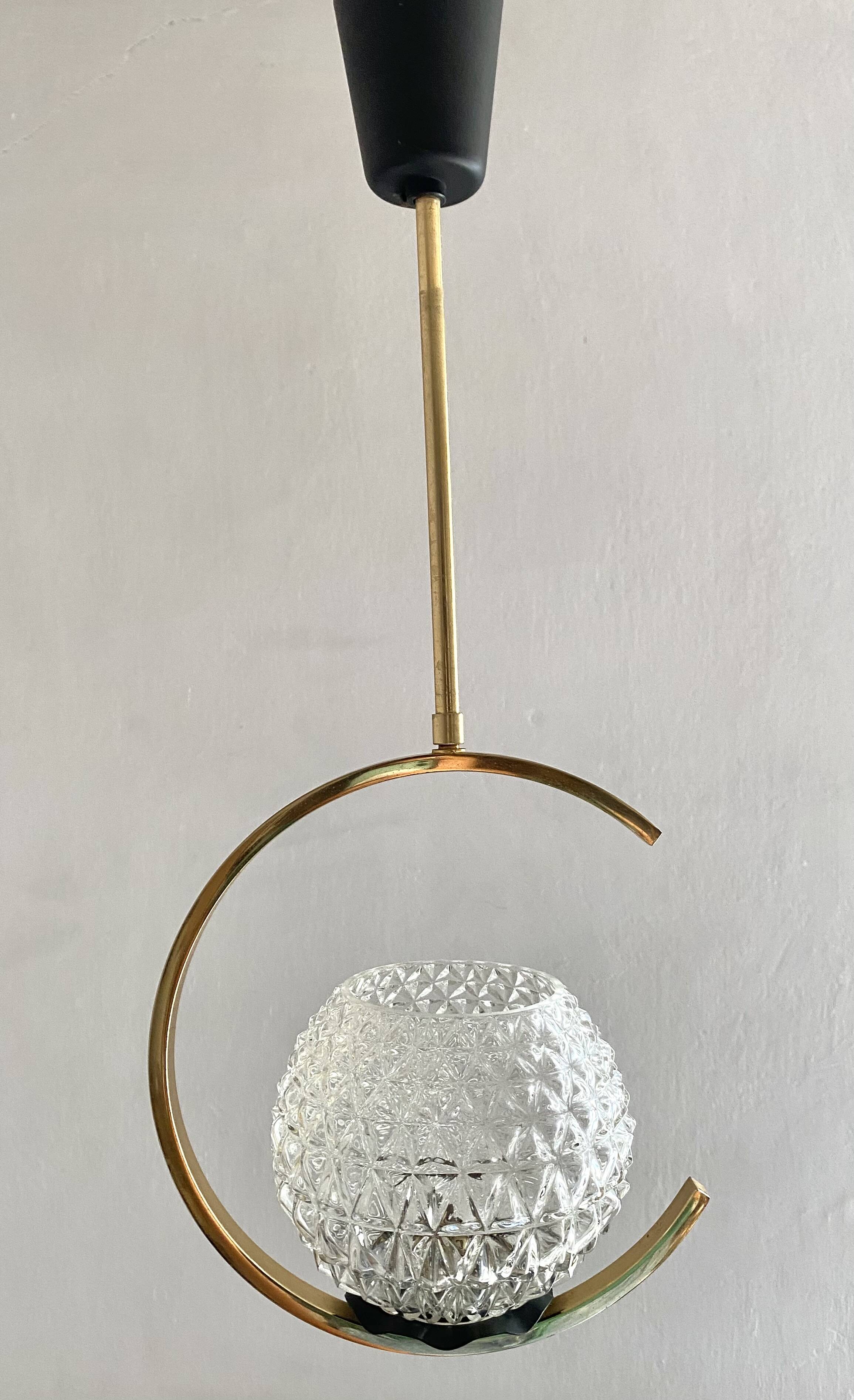 60s Arlus style pendant light, brass and glass