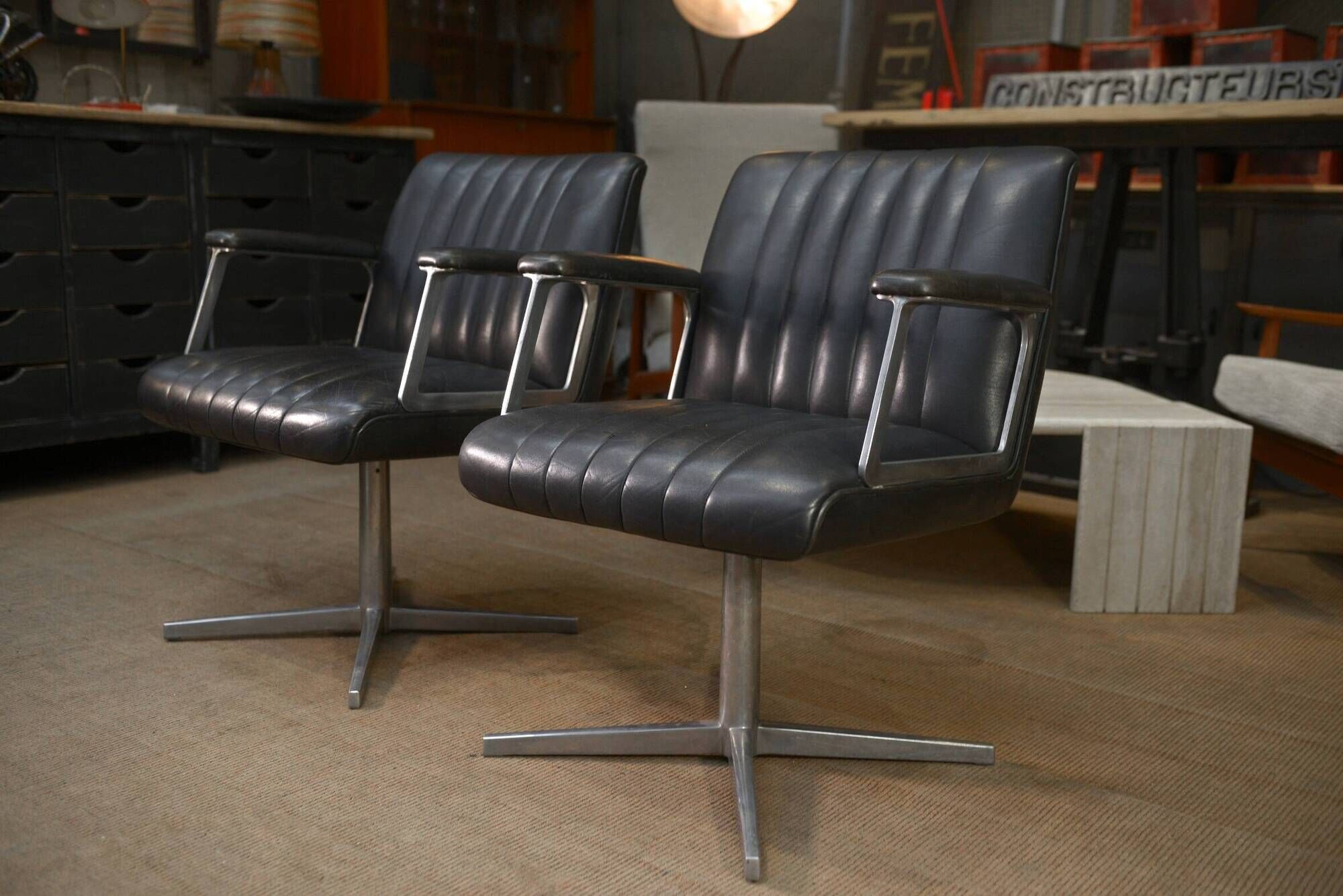 Set of 3 designer swivel metal leather office armchairs 1970