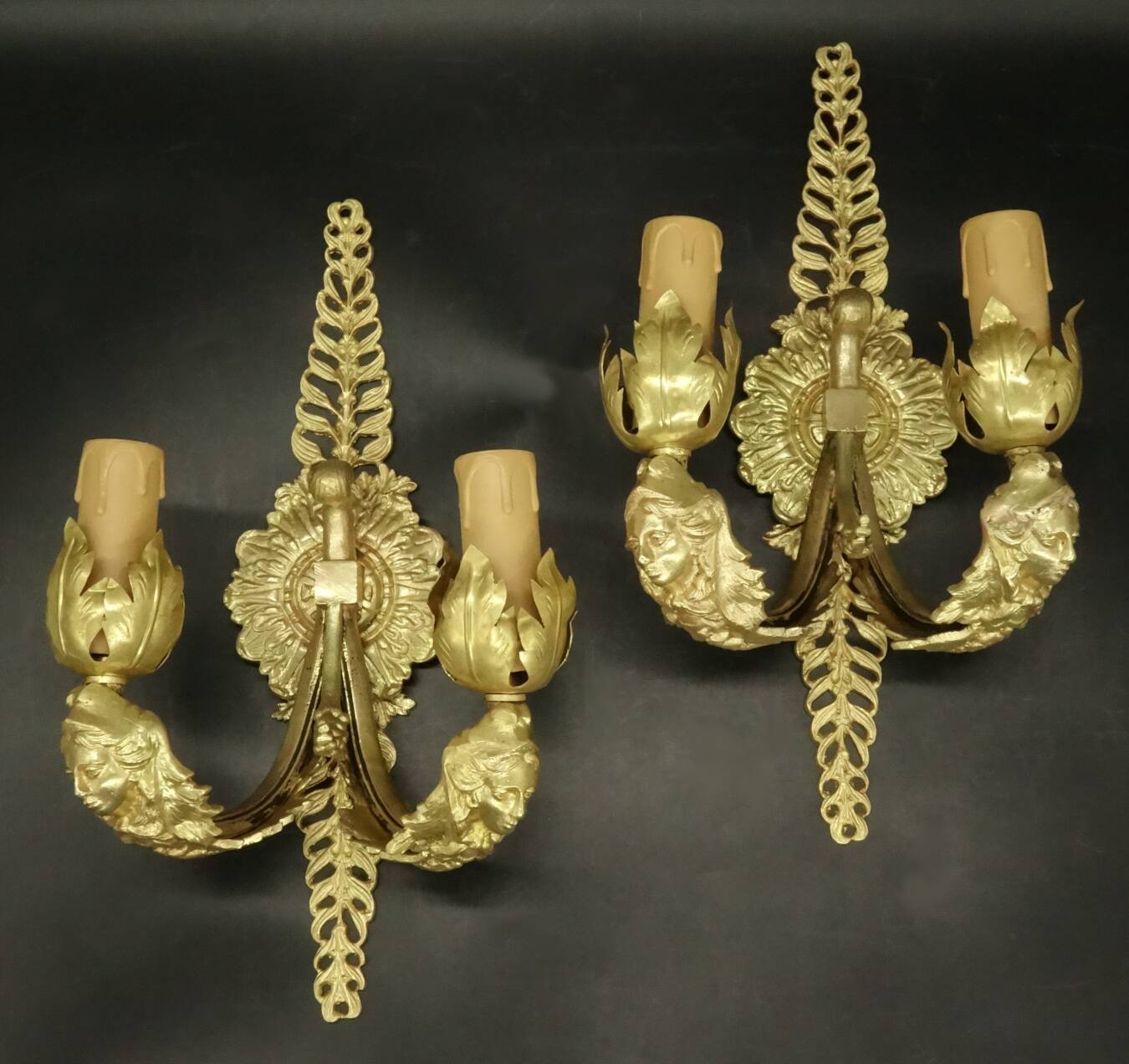 Pair of Empire style mascaron wall lights from early 1900s - gilded bronze