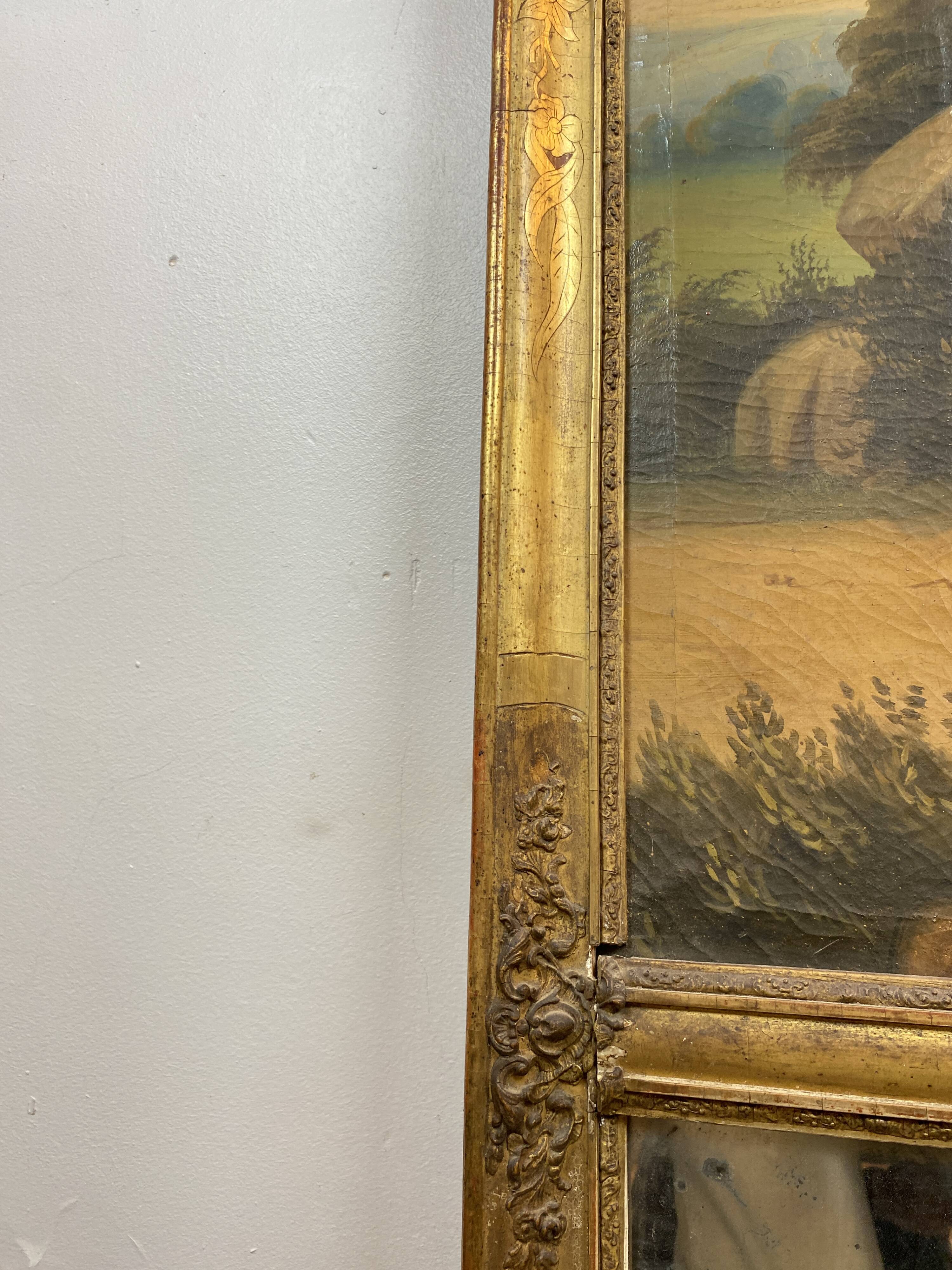 19th century gilded wooden trumeau with romantic scene - 69cm x 140cm