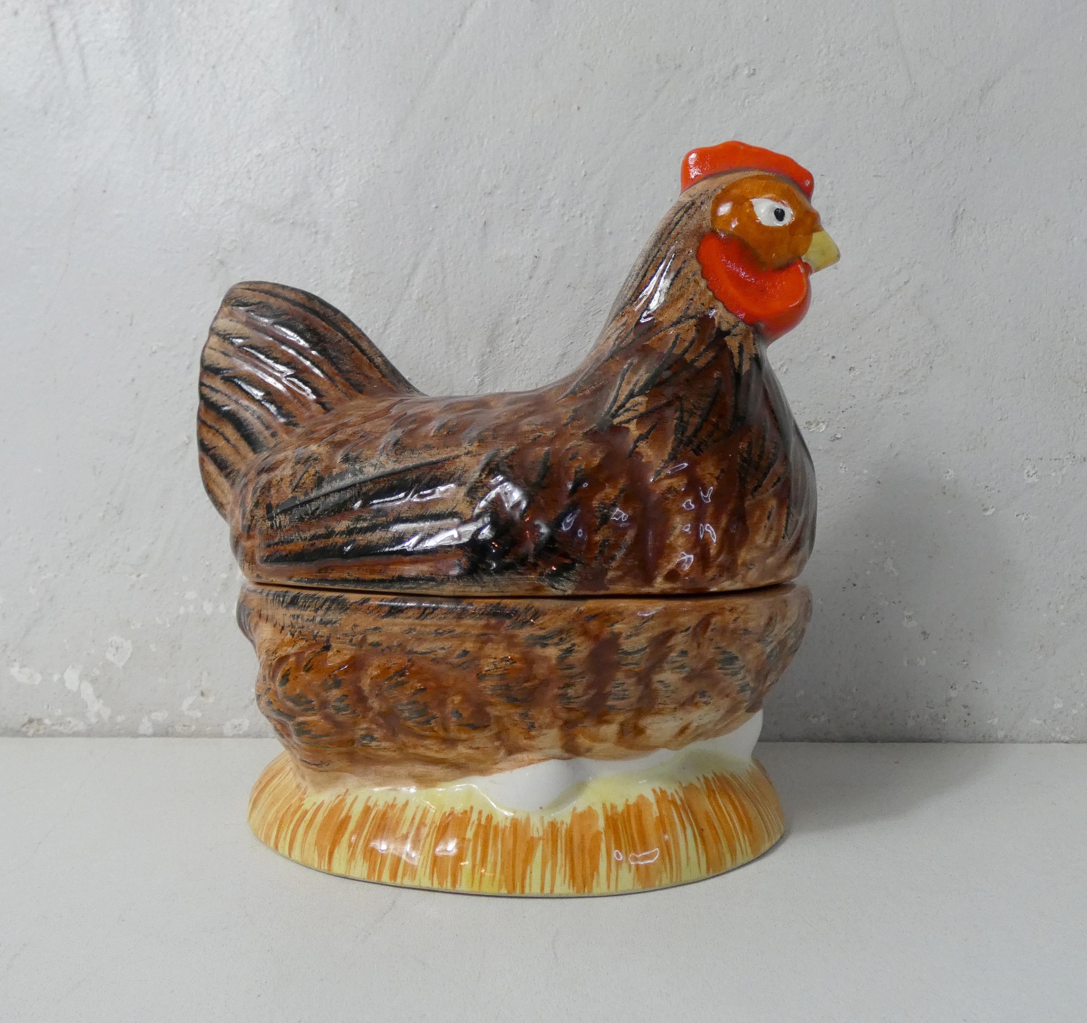 Terrine hen slip ceramic signed Caugant