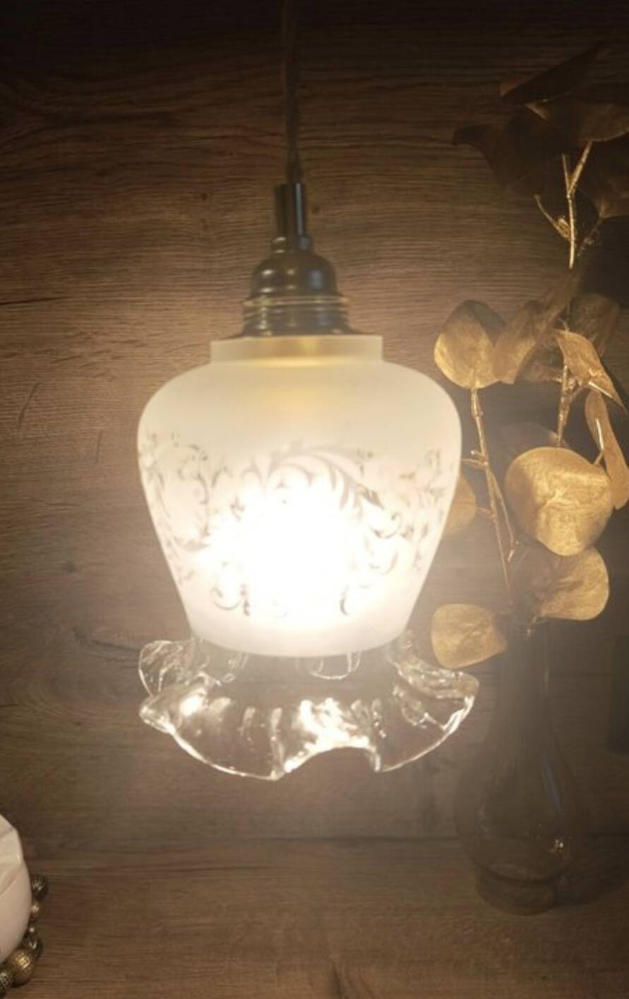 frosted glass suspension tulip shape, twisted linen cord, vintage