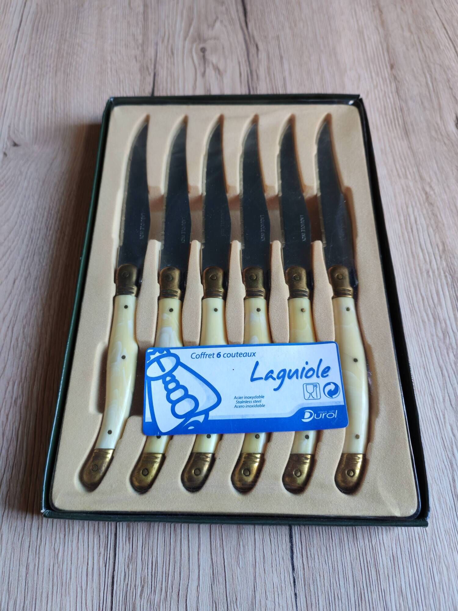 Vintage Box 6 Laguiole Table Knives Ivory Handles Gold Bolsters
