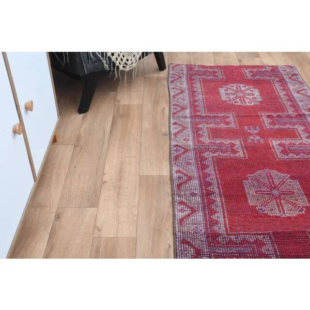 Vintage 1970s Turkish Oushak Handmade Pink Red Wool Wool Runner 89X265