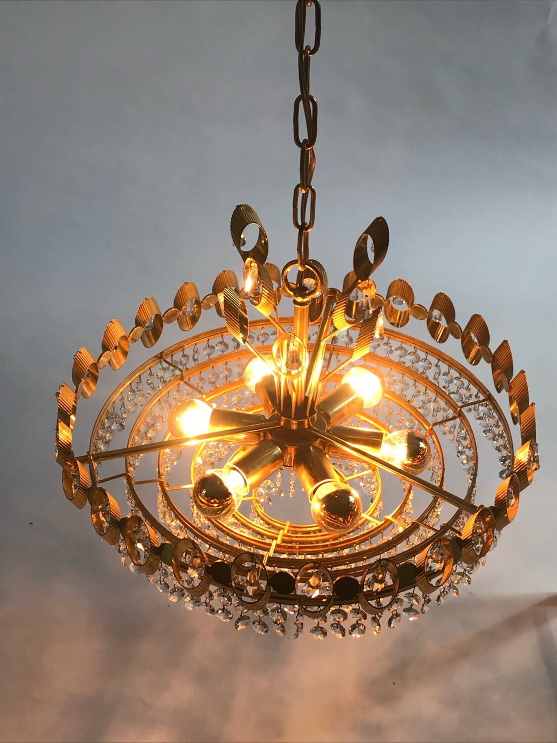Hollywood Regency style brass and crystal chandelier by Palwa