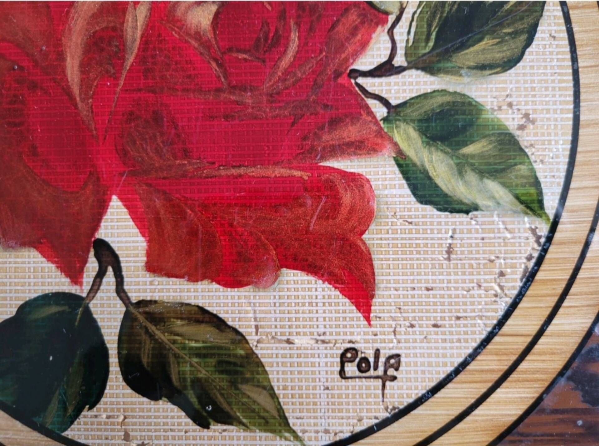 Art deco plateau, signed pola, painted glass, bamboo and rice straw.