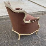 Fauteuil cabriolet Louis XV en bois massif beige et tissu velours marron
