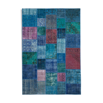 Handmade anatolian overdyed 203 cm x 300 cm blue patchwork carpet
