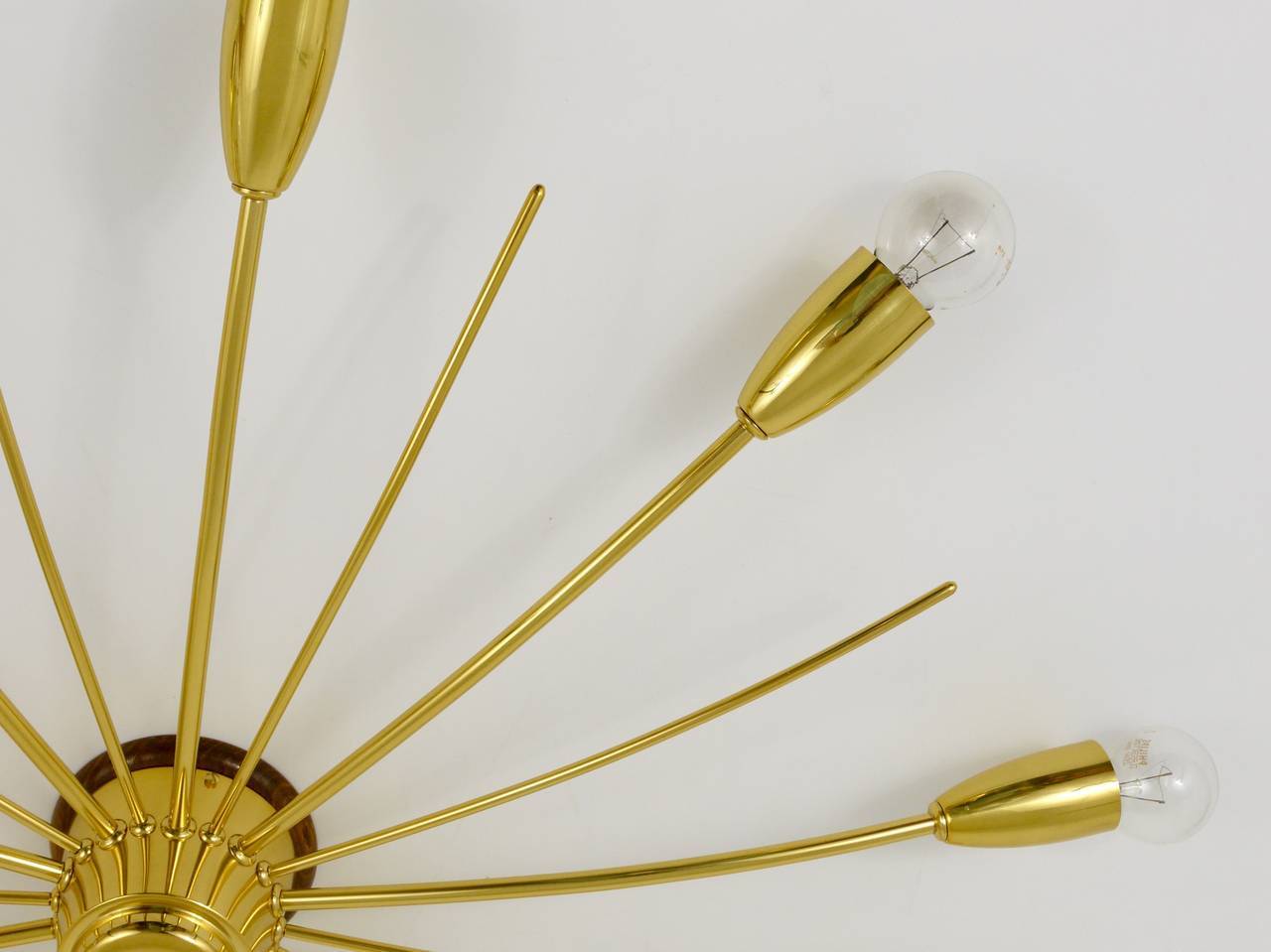 Large brass spider chandelier sun J.T. Kalmar Sonne, flush mount, Austria, 1950s