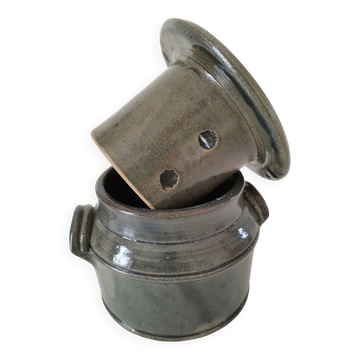 Beurrier à eau en grès artisanal émaillé gris-bleu