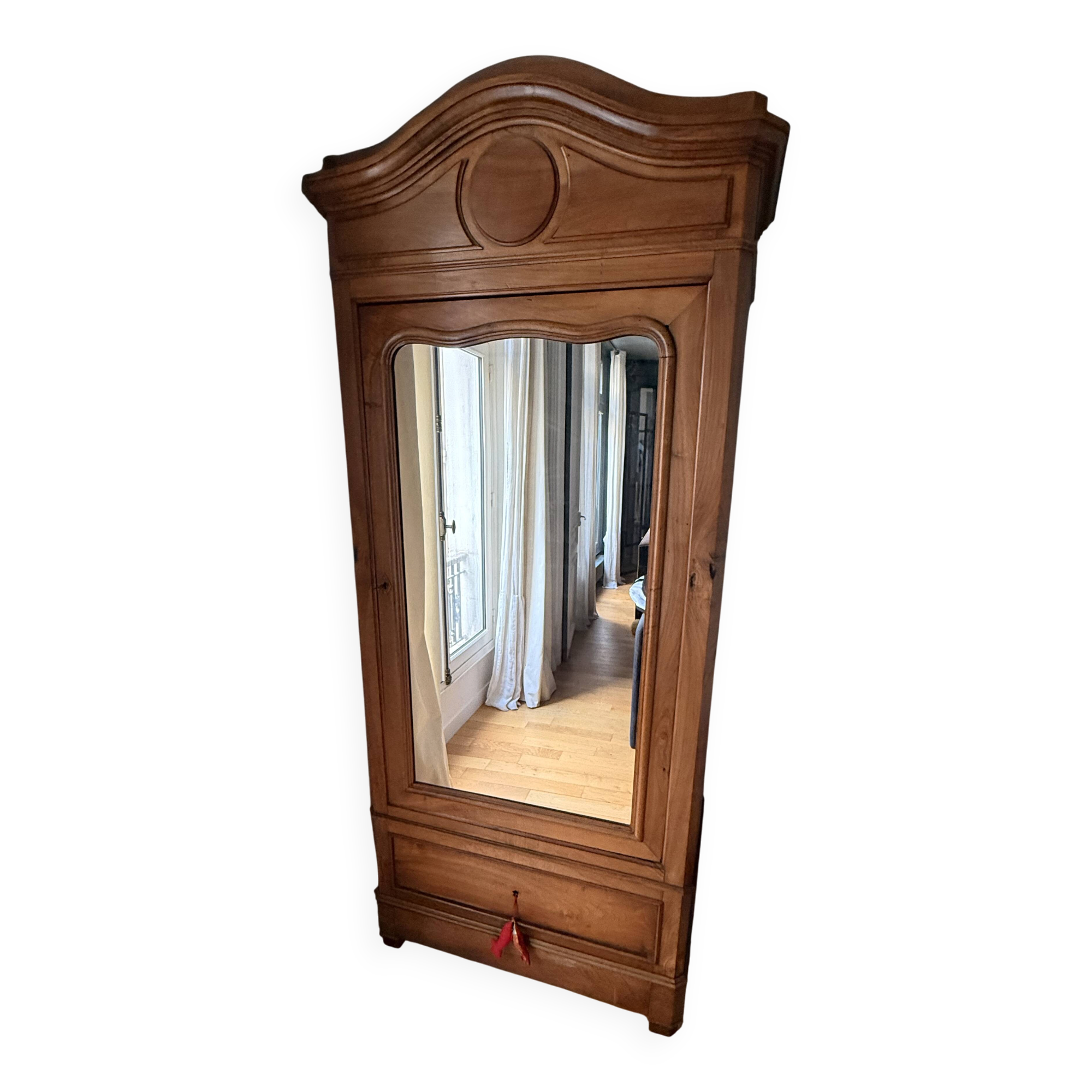 Antique Parisian wardrobe in solid wood – bevelled mirror