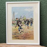 Set of 3 military drawings, watercolor and gouache by Pierre Albert Leroux