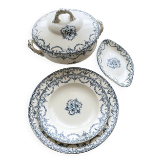 Lot Assiette, Plat, Ravier et Soupière, Terre de Fer, service "Excelsior", E. Bourgeois, fin XIXème