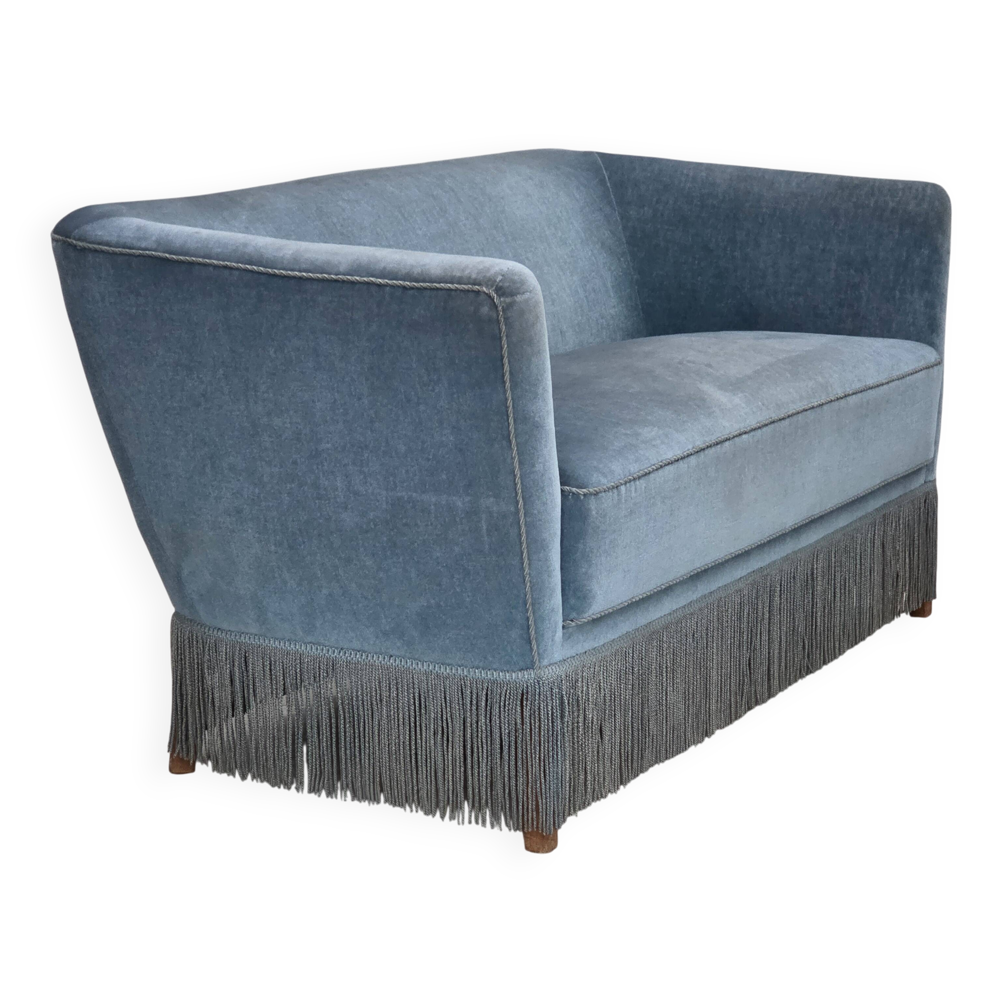 1970s, Danish 2-seater sofa, blue furniture velour, oak wood legs.