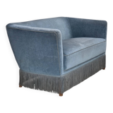 1970s, Danish 2-seater sofa, blue furniture velour, oak wood legs.