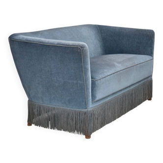 1970s, Danish 2-seater sofa, blue furniture velour, oak wood legs.