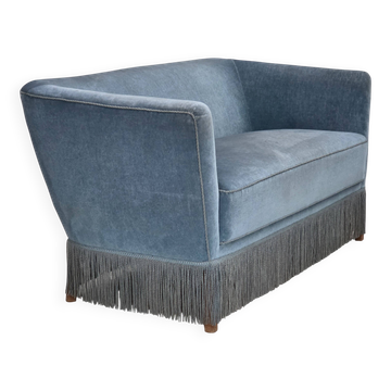 1970s, Danish 2-seater sofa, blue furniture velour, oak wood legs.