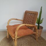 Vintage rattan and braided rope armchair