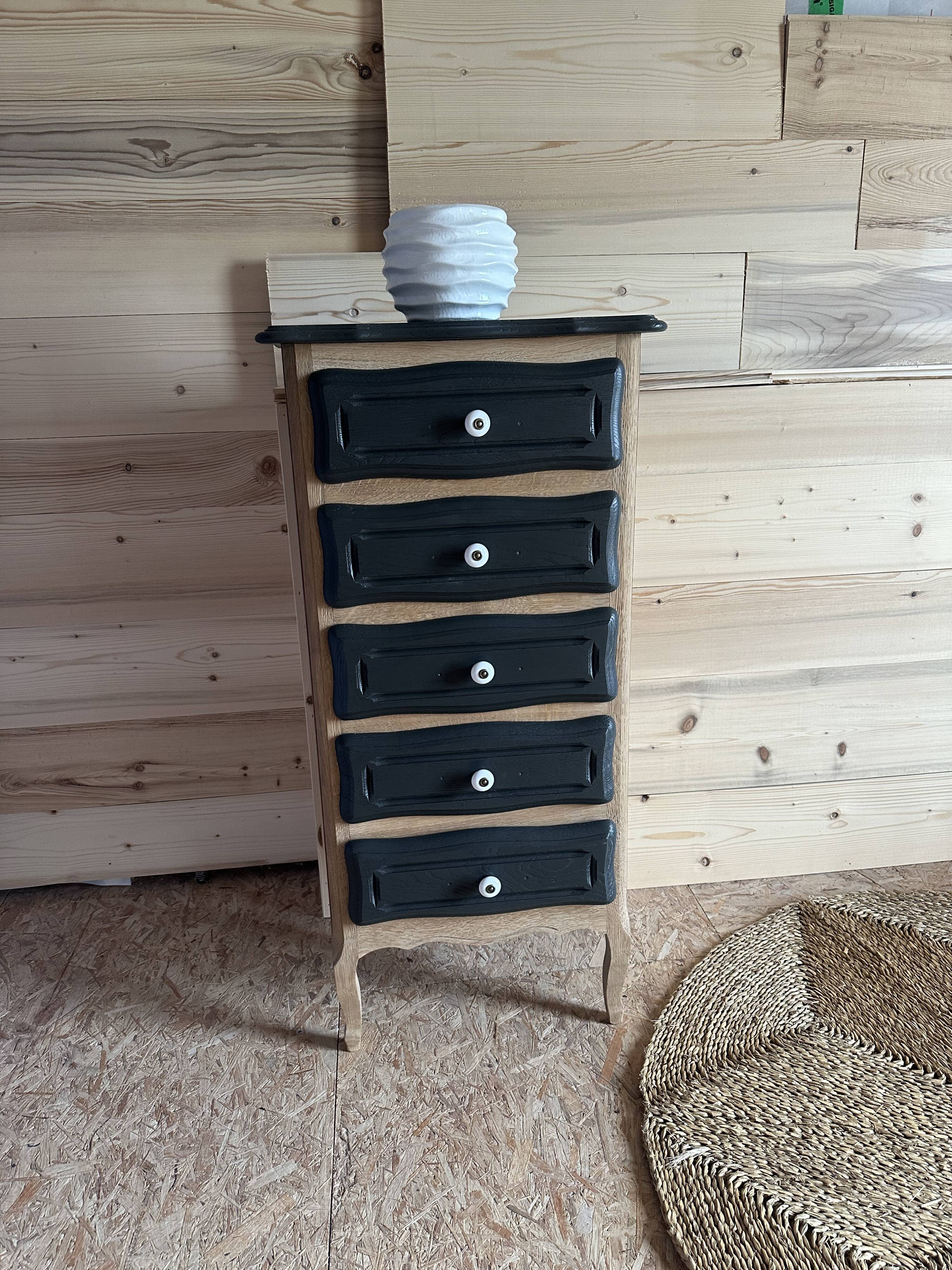 Chiffonnier bois brut et noir 5 tiroirs