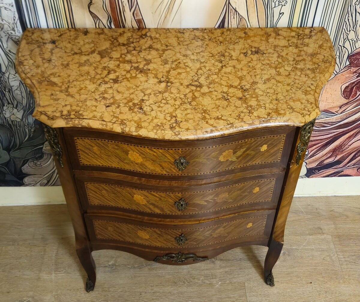 Lady's curved commode in Louis XV style, inlaid with marble – 19th century