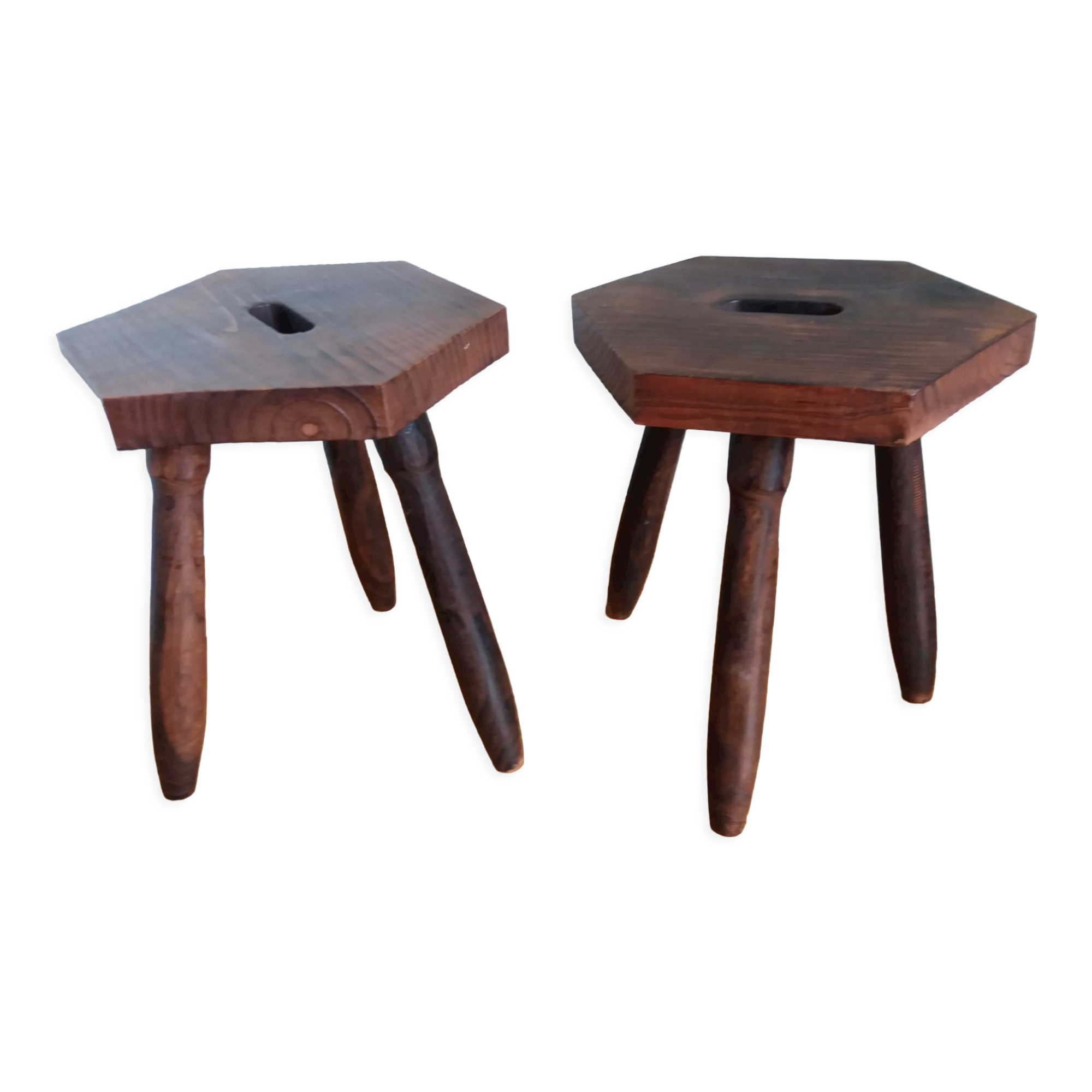 2 wooden tripod stools