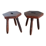 2 wooden tripod stools