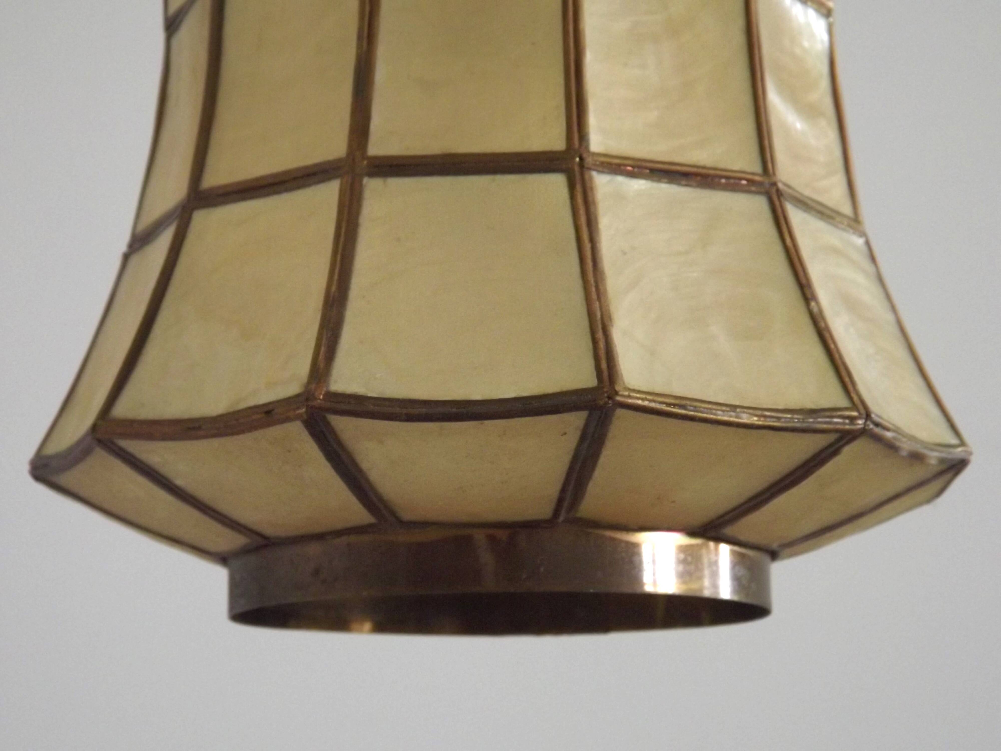 French Vintage Capiz Shell Hanging Pendant Light in Brass Metal and Copper